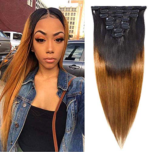 Adette 20 inches 10A Grade Ombre Brown Clip in Hair Extension Human Hair for Black Women Straight Clip Ins Extension Real Remy Virgin Brazilian Hair Weft Silky Soft Clips in Straight Hair