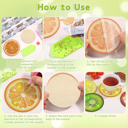 Image of HASTHIP DIY Diamond Painting Coasters Set of 8 with Holder - Fruit Theme Home Decor Coasters for Dining Table,Ideal Gift for Women DIY Diamond Art Crafts Projects Gift Women Handmade