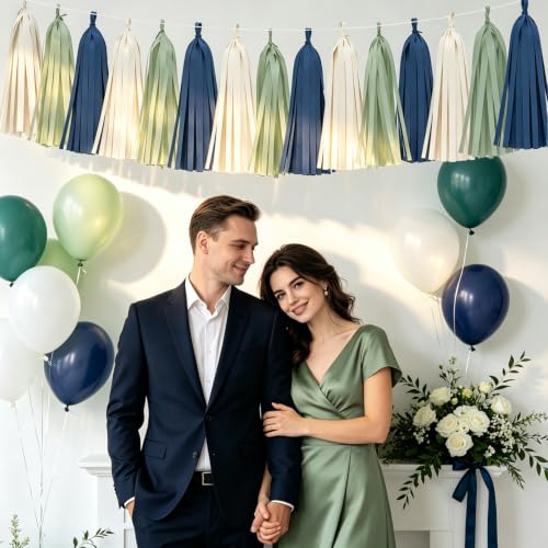 Image of Navy Sage Green Tassel Garland for Wedding Decor Baby Shower Decorations