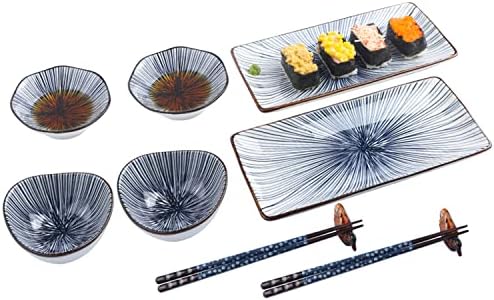 Artcome 10 Pcs Japanese Style Ceramic Sushi Plate Dinnerware Set for Wedding Housewarming - 2 Sushi Plates, 2 Sauce Dishes, 2 Snack Bowl, 2 Pairs of Chopsticks, 2 Chopsticks Holders, Blue