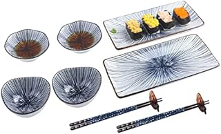 Artcome 10 Pcs Japanese Style Ceramic Sushi Plate Dinnerware Set for Wedding Housewarming - 2 Sushi Plates, 2 Sauce Dishes, 2 Snack Bowl, 2 Pairs of Chopsticks, 2 Chopsticks Holders, Blue