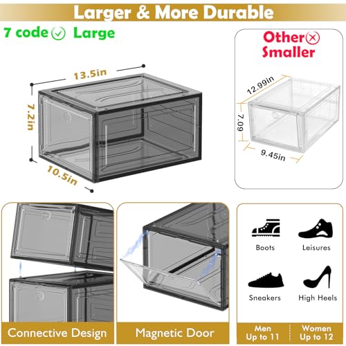 Image of 7 code Thicken & Sturdy Clear Shoe Storage Organizer with Magnetic Door, Stackable Boxes for Closet, Foldable Shoe Rack for Sneaker Boot Container, Plastic Shoe Cabinet Shoe Box 6 Pack, Black