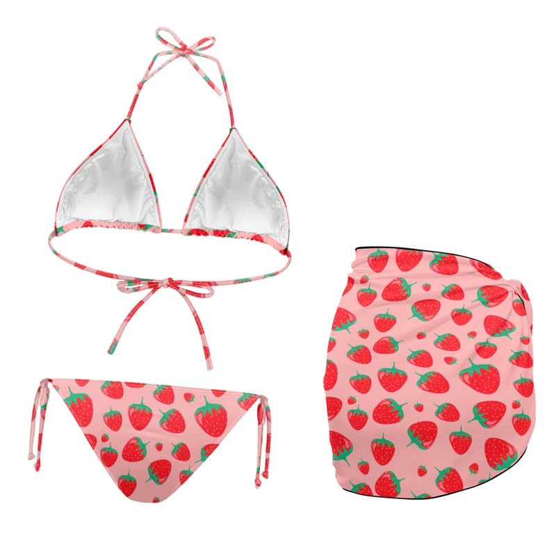 Irisjudy Women's Hawaii Flowers 3 Piece Swimsuits Bathing Suit Sarongs Coverup, Halter Bikini Set with Beach Skirt Cover Up4