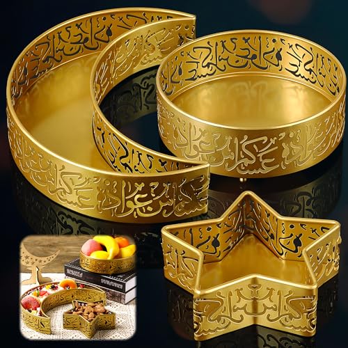 Enhon 3 Pcs Ramadan Eid Tray Eid Mubarak Moon Star Tray, Eid Ramadan Platter for Islam Muslim Festival Party, Moon Star Round Shaped Trays Ramadan Metal Serving Dishes for Ramadan Home Decorations