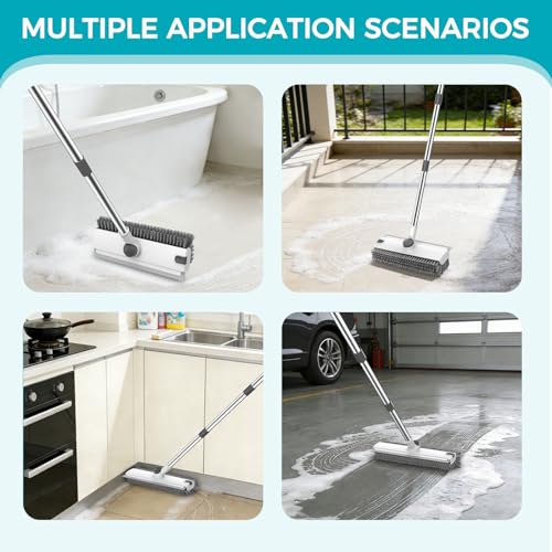 Image of SetSail Floor Scrub Brush, 3 in 1 Floor Scrub Brush with 54-in Adjustable Long Handle and Scraper Heavy Duty Stiff Bristle Floor Scrubber for Cleaning Shower Bathroom Kitchen Patio Garage, Grey&White