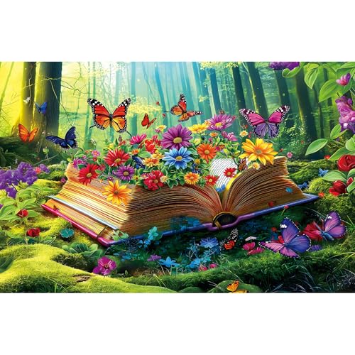 Image of Vibrant Flowers Book 500 Piece Jigsaw Puzzle for Adults Magical Forest Scene Enchanted Garden & Butterflies Funny Colorful Challenging 500-Piece Puzzle for Family Game Night(23 inchx15 inch)