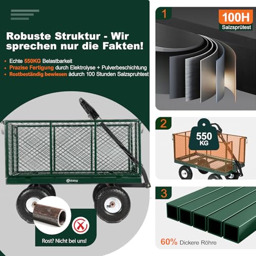 Sekey Bollerwagen Gartenwagen 550KG Belastbar, Transportwagen Transportkarre Gerätewagen mit Patentiertem Handgriff, Vollgummi-Luftreifen, Serie Titan, 200L, Grün
