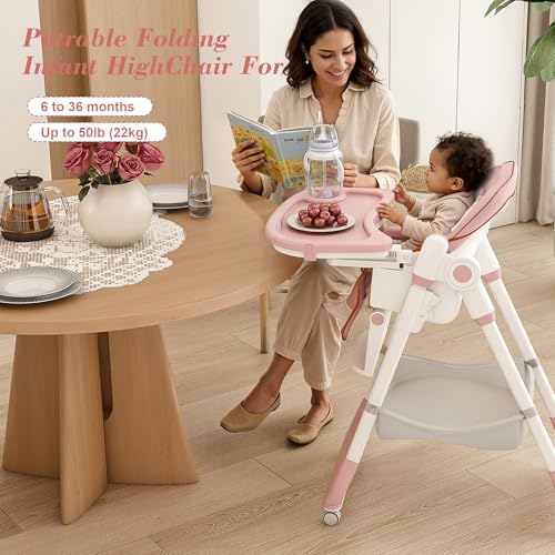 Image of Baby High Chair for Babies & Toddlers, Foldable Feeding Chair with Wheels, Adjustable Seat Height, Backrest, Footrest, Removable Tray, PU Cushion, 5-Point Harness, Easy to Clean, Pink+White