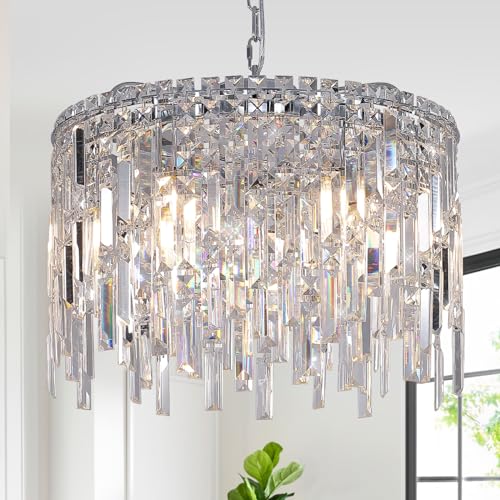 Image of A AXILIXI Round Crystal Chandelier Modern 20" Drum Chandelier with Chain Chrome Adjustable K9 Raindrop Crystal Ceiling Pendant Fixtures 2 Tiers for Dining Room Bedroom Living Room