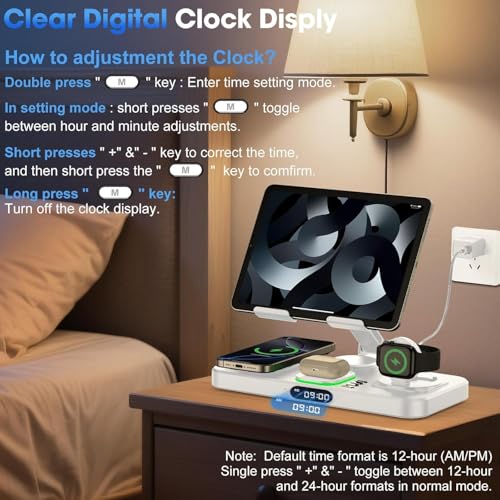 Image of Wireless Charger for Apple Multiple Devices, Charging Station with Clock &7 Color Ambient Light, Foldable Rotate Stand for iPad, for iPhone16 /15 /14, for Apple Watch10 /9 AirPods4 (Adapter Not Included)