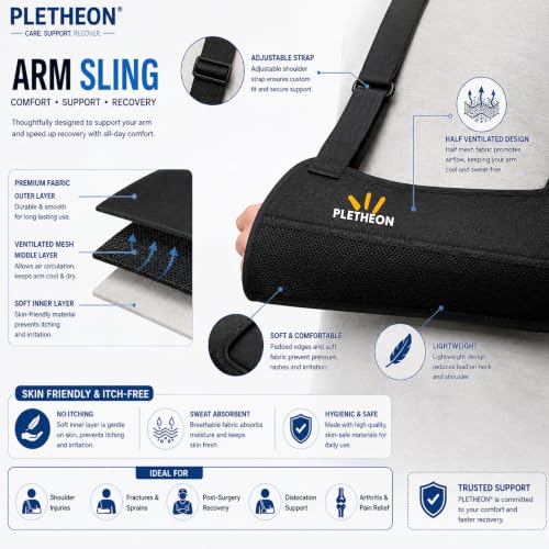Image of PLETHEON Arm Sling for Arm & Shoulder Support, Adjustable Forearm Sling for Fracture, Injury & Post Surgery Recovery, Breathable & Lightweight, Black, Neoprene (ADULT)