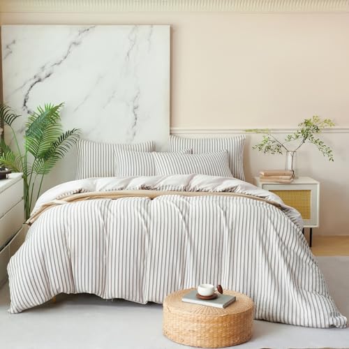 Image of Grey Striped Comforter Set King - 3 Pieces Bedding Comforter Set for All Season, Soft Lightweight Washed Microfiber, 1 Striped Comforter and 2 Pillowcases (Grey, King Size)