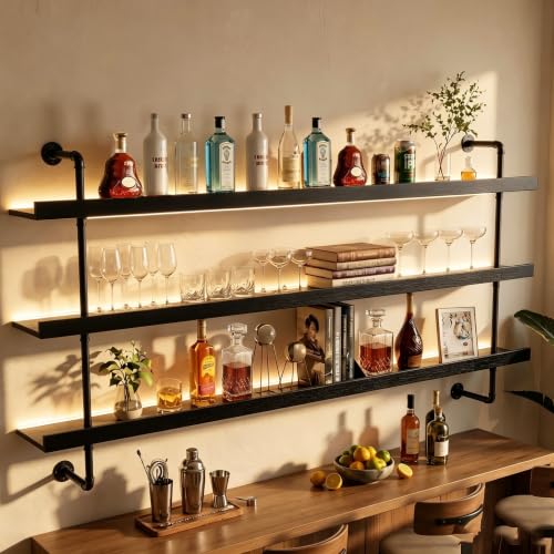 Image of HOUSESET 36 /48 /60 /72 /84in Wine Wall Rack with Led Lights, 3-Tiers Modern Pipe Liquor Bottle Display Shelf, Bar Shelves Wall Mounted for Commercial Bar, Restaurant, Home