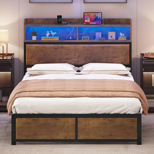 YITAHOME Bettgestell LED mit Kopfteil USB-Anschlüsse und Ladeausgänge Metallplattform-Bettgestell mit 2 Regalböden,Keine Matratze erforderlich,Braun 219X154CM