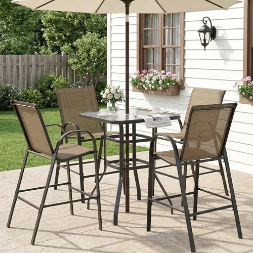 Image of HOMREST Outdoor Bar Height Stools Set of 5,4 High Back Patio Bar Chairs with Outdoor High Top Table,All Weather Outdoor High Top Bistro Set Furniture for Patio,Balcony,Brown