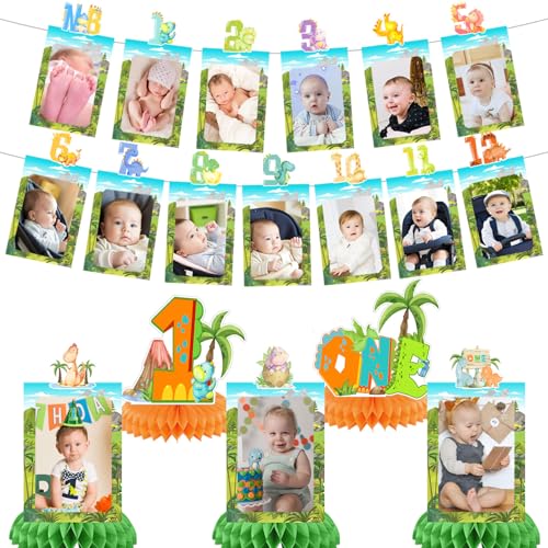 Image of Dinosaur 1st Birthday Party Decorations, Roar 12 Monthly Milestone Photo Banner Baby First Year Down One a Saurus Theme Photo Table Centerpiece Party Supplies for Dino First Theme Party