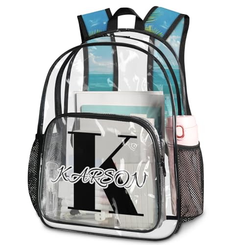 Personalized Palm Tree Coastal Beach Large Clear Backpack Stadium Approved Heavy Duty PVC Plastic Custom Transparent Backpacks See Through Bag with Name