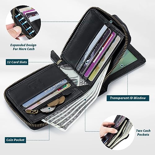 BAIGIO Genuine Leather Wallets for Men Multi Card Purse with Zipper Wallet Men RFID Blocking Coin Pocket (Type 2-Black)4