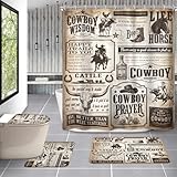 AMBZEK Western Country Cowboy 4Pcs Shower Curtain Sets 72Wx72L Inch Rustic West Cactus Bull Skull Inspirational Words Artwork Cloth Fabric Waterproof Polyester Bathroom Decor Set with 12 Pack Hooks