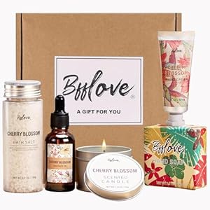 Gifts for Women BFFLOVE Gift Set for Women 5pcs Cherry Blossom Spa Set Birthday Gifts for Women with Massage Oil Scented Candle Bath Salts Hand Cream Christmas gifts