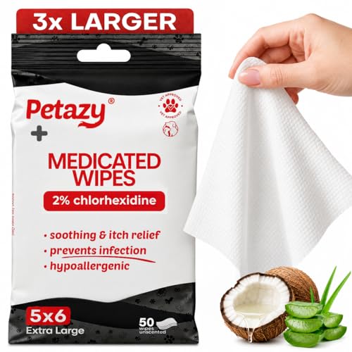 Petazy 2% Chlorhexidine Wipes for Dogs 3X Larger | Yeast Infection Ringworm Fungus Hot Spot Itch Relief | Medicated Antibacterial Antifungal Gentle Soothing Topical Wipes for Dog Cat | 50 Wipes 5x6