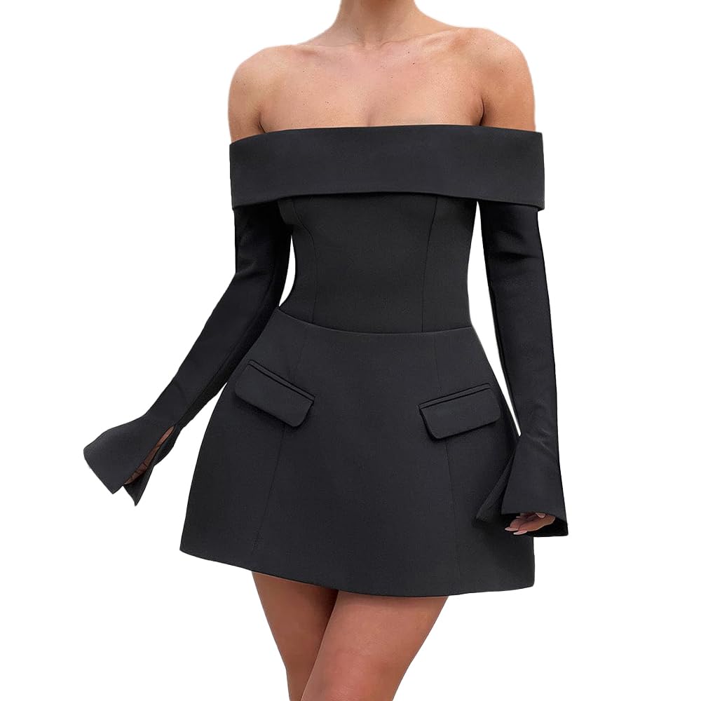 Women Sexy Mini Dress Off Shoulder Long Sleeve A Line Dress Short Formal Dresses Party Clubwear