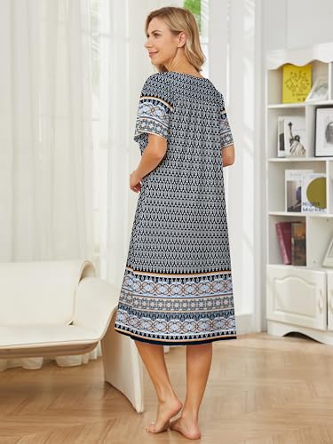 Image of House Dresses for Women with Pockets Mumu Dresses Short Sleeve Moo Moos for Women Nightgown Duster Lounge Dress S-3XL