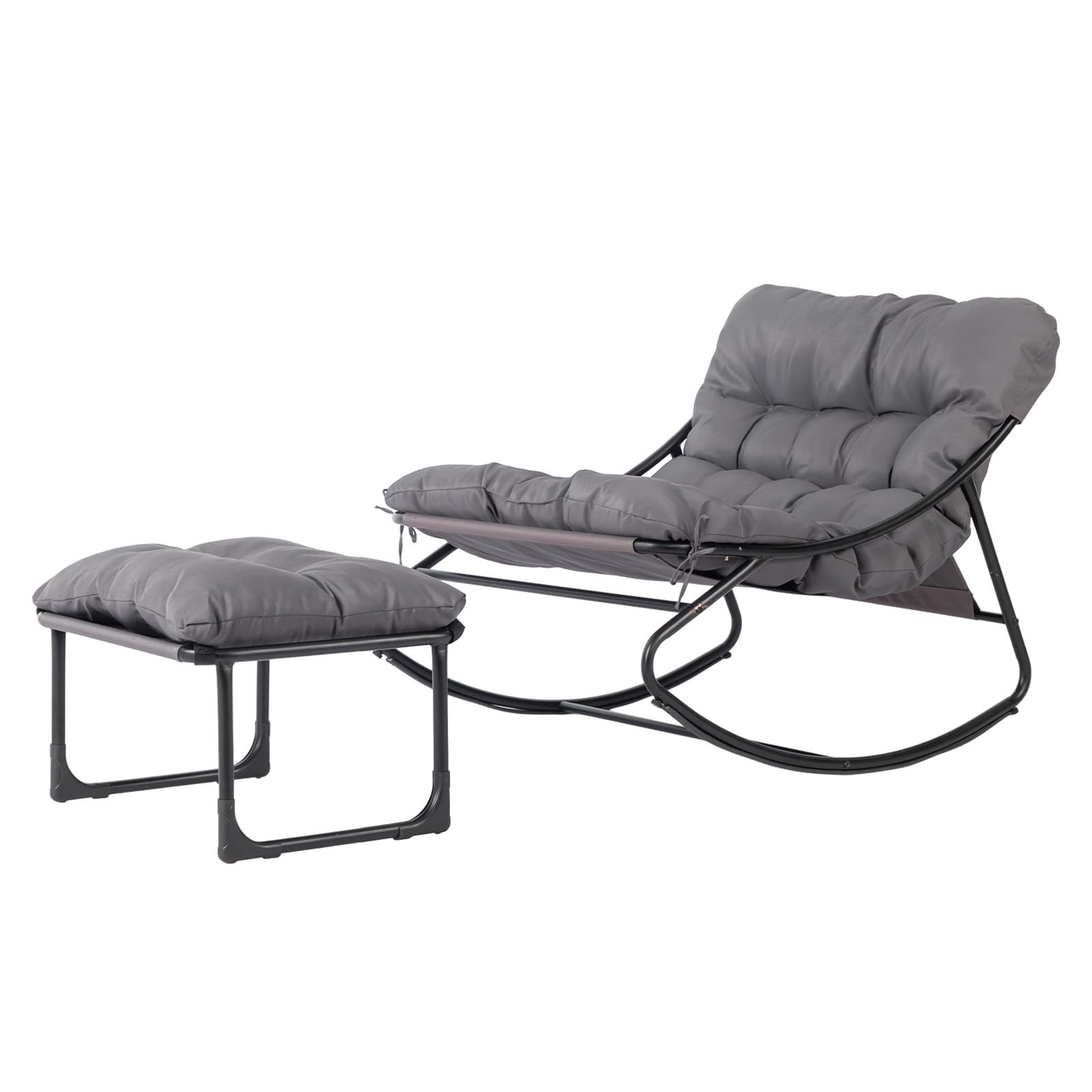 Bonnlo Outdoor Rocking Chair for Adults with Ottoman, Comfortable Cushioned Metal Lounge Chair for Indoor & Outdoor, Grey