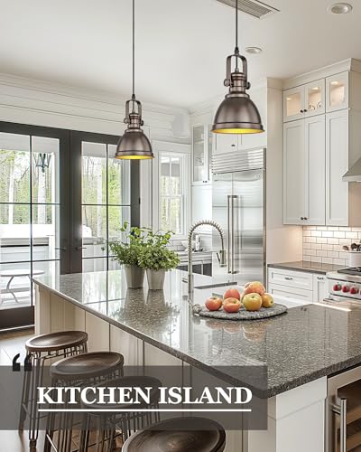 Image of 2-Pack Oil Rubbed Bronze Pendant Light Kitchen Island, Metal Shade | 6 inch Vintage Kitchen Pendant Lighting over Island for Dining Room, Rustic Style, Adjustable Height, E26 Base, AD-2151-1P2-ORB