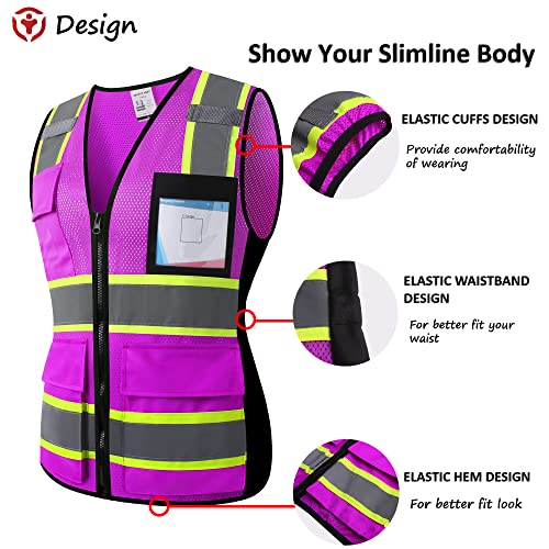 Image of Safety Vest for Men Women Reflective Construction Vest Hi Vis ANSI Standard | ANSI Standard, 8 utility Pockets 4 Reflective Strips with Neon trim High Visibilty Breathable Mesh Safety Apparel for Work