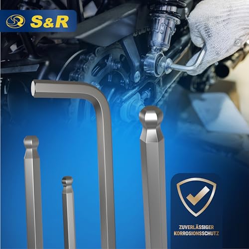 S&R Innensechskantschlüssel Satz HX, 13-tlg mit Kugelkopf, Innensechskant LANG, 1,27 bis 10 mm, Cr-V-Stahl gehärtet, Winkelschlüssel rostfrei, Sechskant Schlüssel-Set in stabilem Klapp-Halter