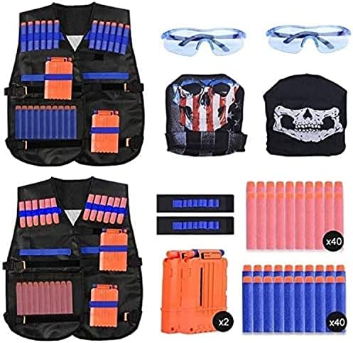 EXTSUD Kids Tactical Vest, 2 Sets Tactical Vest for Nerf Guns N-Strike Elite Series with 80Pcs Refill Darts, 2 Reload Clips, 2 Tactical Masks, 2 Wrist Bands and 2 Protective Glasses