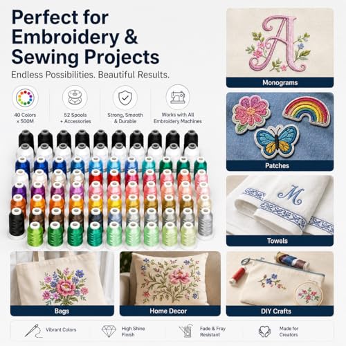 Image of Simthread 52pcs Polyester Embroidery Thread Kit 40 Colors Black White | 52-piece kit includes 40 colors plus black and white spools for smooth polyester embroidery and sewing machine projects.