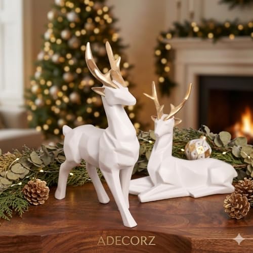 Image of Geometric Resin Deer Sculpture Set of 2, White with Gold Antlers, Resin, 12.3 x 6.5 cm, Home Decor Figurines | Standing & Sitting Deer Pair | Creative Showpiece for Gift | Handcrafted