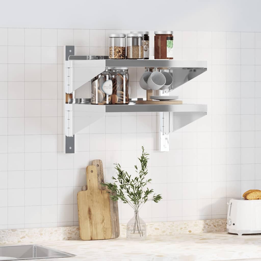 2 estantes de pared 50 x 40 x 48 cm plata acero inoxidable 0,6 mm con borde y soportes, moderno estante de pared para cocina, baño, salón para ahorrar espacio