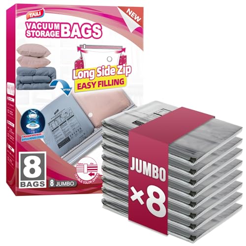 Image of TAILI 8 Pack Vacuum Storage Bags, Jumbo LONG SIDE ZIP(39x28 inch), Clear | Vacuum Seal Bags for Clothing, Space Saver for Beddings, Comforters, Blankets, Pillows