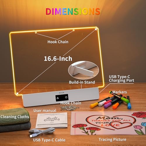 Image of Rechargeable LED Drawing Board, 16.6 Inches Lumiboard, 8 Colors & 3 Modes, LED Note Board with Build in Stand, Includes 7 Markers & 1 Hanging Chain, Great Gift for Children-Easter Gifts