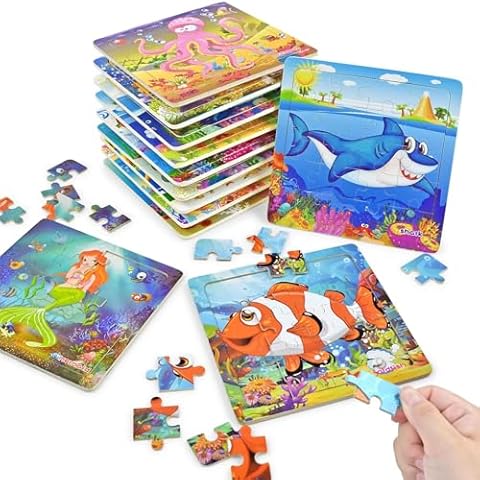 Vileafy Party Favors for Kids Age 4-8, 12 Pack Sea Animals with 12 Organza Bags, Wooden Jigsaw Puzzles for Kids Ages 4-6, 20 Pieces Per Puzzle Cover