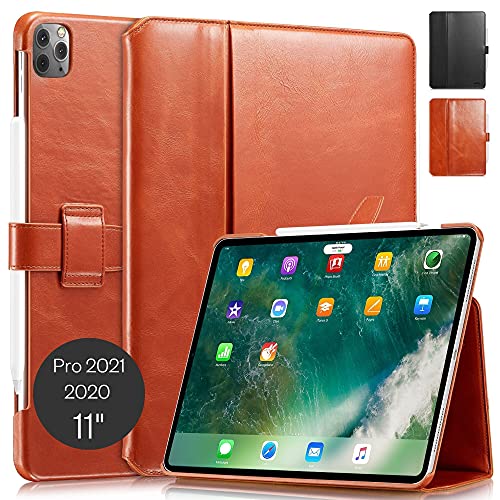 KAVAJ Case Leather Cover London Works with Apple iPad Pro 11" 2021/2020 Cognac-Brown Genuine Cowhide Leather with Pencil Holder Supports Apple Pencil Slim Fit Smart Folio