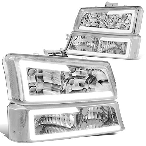 Auto Dynasty 4PCS LED DRL Headlight Lamps Compatible with Chevy Silverado Avalanche 1500 2500 3500 03 04 05 06 / Chevy Silverado Classic Models 07, Driver and Passenger Side, Chrome Housing Clear Lens