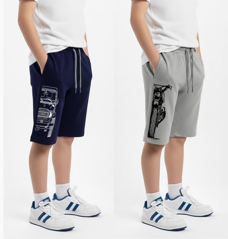 Image of hotfits Boy's Cotton Knee Length Graphic Casual Shorts with Pocket - Pack of 2