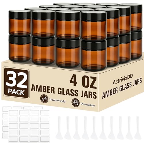 32 Pcs 4 oz Glass Jars with Lids Amber Glass Jars with 40 Labels & 10 Spatulas Inner Liners LeakProof UV-Protective Round Glass Containers for Essential Oils Spices Candle Making DIY