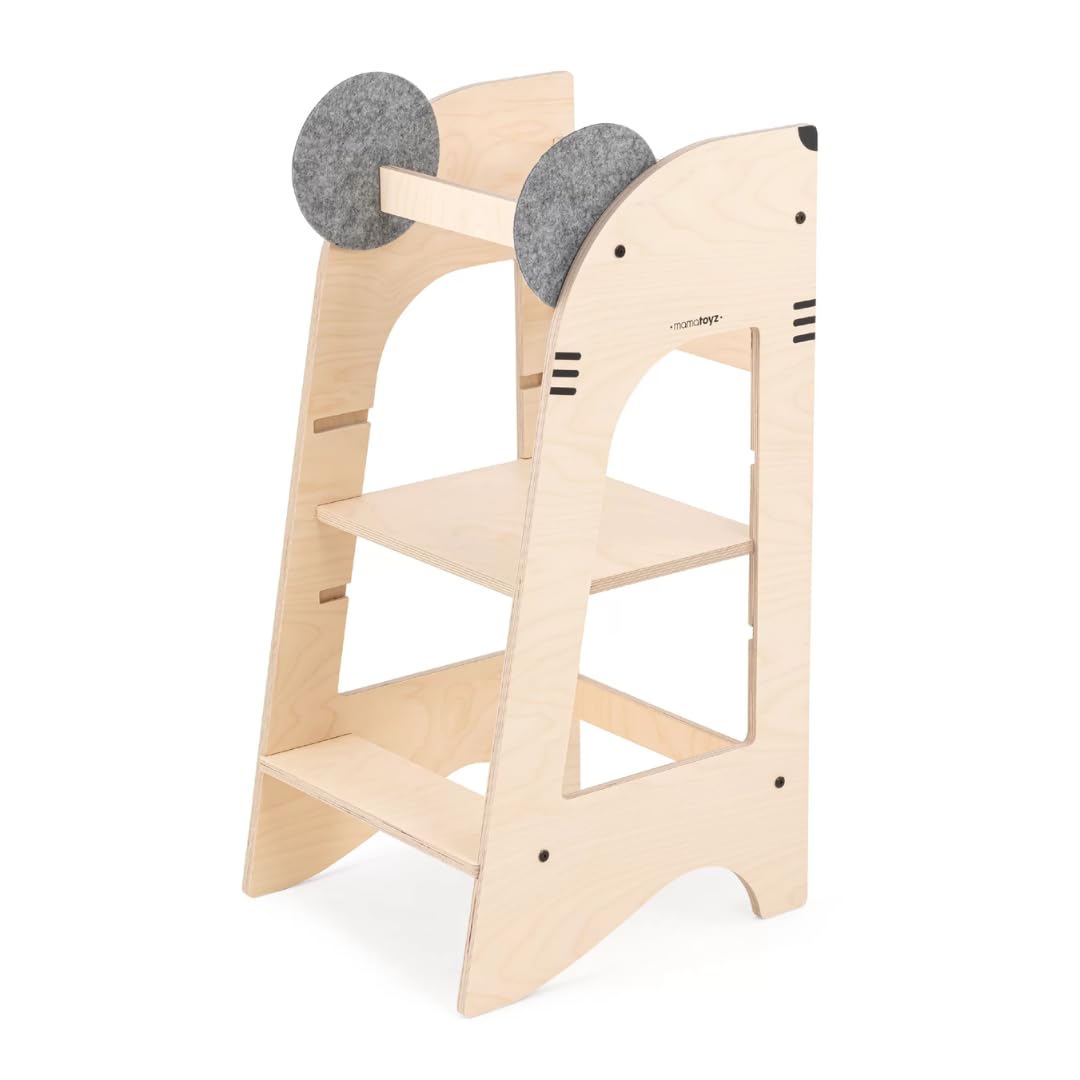 Mamatoyz 07KRAT Kule Mouse Montessorian Learning Tower Multipurpose Learning Tower in Natural Birch Plywood with 3 Adjustable Heights, No Edges with Rounded Edges