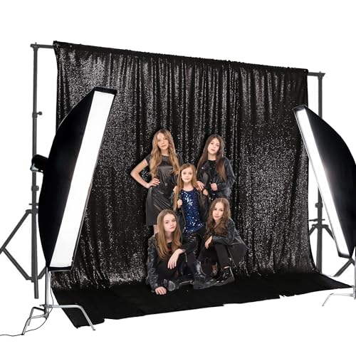 Image of PartyDelight Black Sequin Backdrop 20x10ft Sparkly Photo Curtain | 4 Inch Rod Pocket and stitched 3mm sequins create panoramic stage coverage for Halloween and black tie events