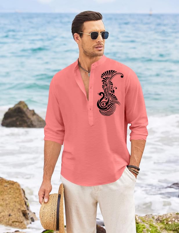 Image of FINIVO FASHION Men's Printed Cotton Blend Short Kurta with Artistic Chest Design | Stylish Full Sleeve Casual Kurta with Mandarin Collar for Daily, Travel Soft Textured