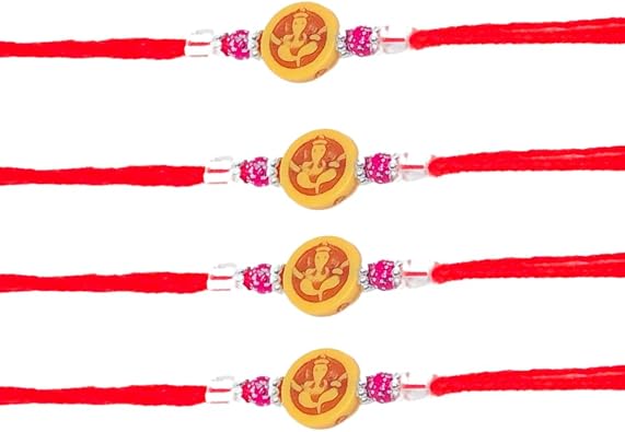 Set of 4 Rakhi with Different Design, Rakhi Thread, Rakhi for Brother, Sister, Bhaiya, Bhabhi, Multiple Beads, Brown Ganpati Pendant with Crystal and Pink Beads Rakhi. rakhi set of 4 | rakhi bracelet | | rakhi for boy | Indian Rakhee