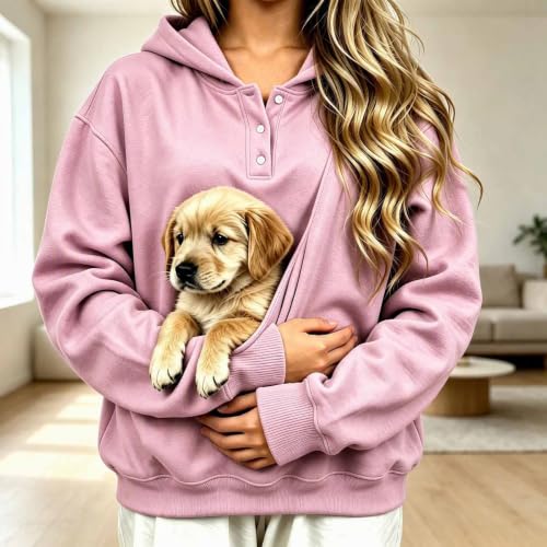 Pet Carrier Sweatshirt Pet Pouch Hoodie Women Kangaroo Pocket Dog Cat Carrier Button Neck Pullover Suéter Manga Larga para Mujer Dressly Capsule Wardrobe Outfits Pink S - image 2