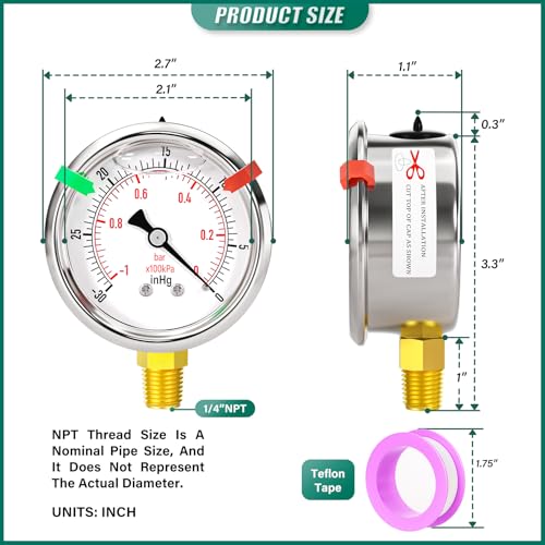 Image of -30inHG-0psi Stainless Steel Glycerin Liquid Filled Vacuum Pressure Gauge 1 /4 inch NPT 2.5 inch Face Dial Center Lower Mount, for Water, Oil and Air Pressure Testing (with Range Mark Pointer)