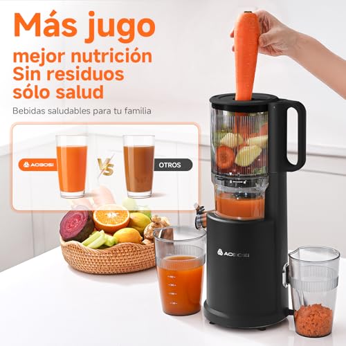 AOBOSI - Exprimidor lento de 135 mm XXL, orificio de llenado, 90 RPM, motor de cobre silencioso, sin BPA, alto rendimiento de zumo, para verduras y frutas, función de masticación inversa, ganador de - imagen 4