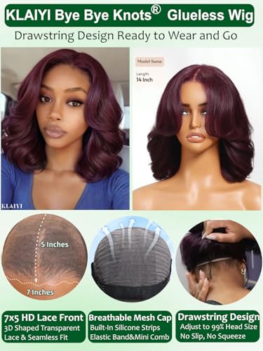 Image of KLAIYI Black Cherry Bob Loose Body Wave Precut 7x5 HD Lace Front Wigs Human Hair Glueless Bye Bye Knots Drawstring Red Burgundy Wig with Curtian Bang Pre Plucked Bleached Ready to Put On And Go 14Inch